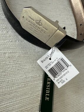 NWT Ralph Lauren Black Leather Belt with Polished Silver Engraved Buckle